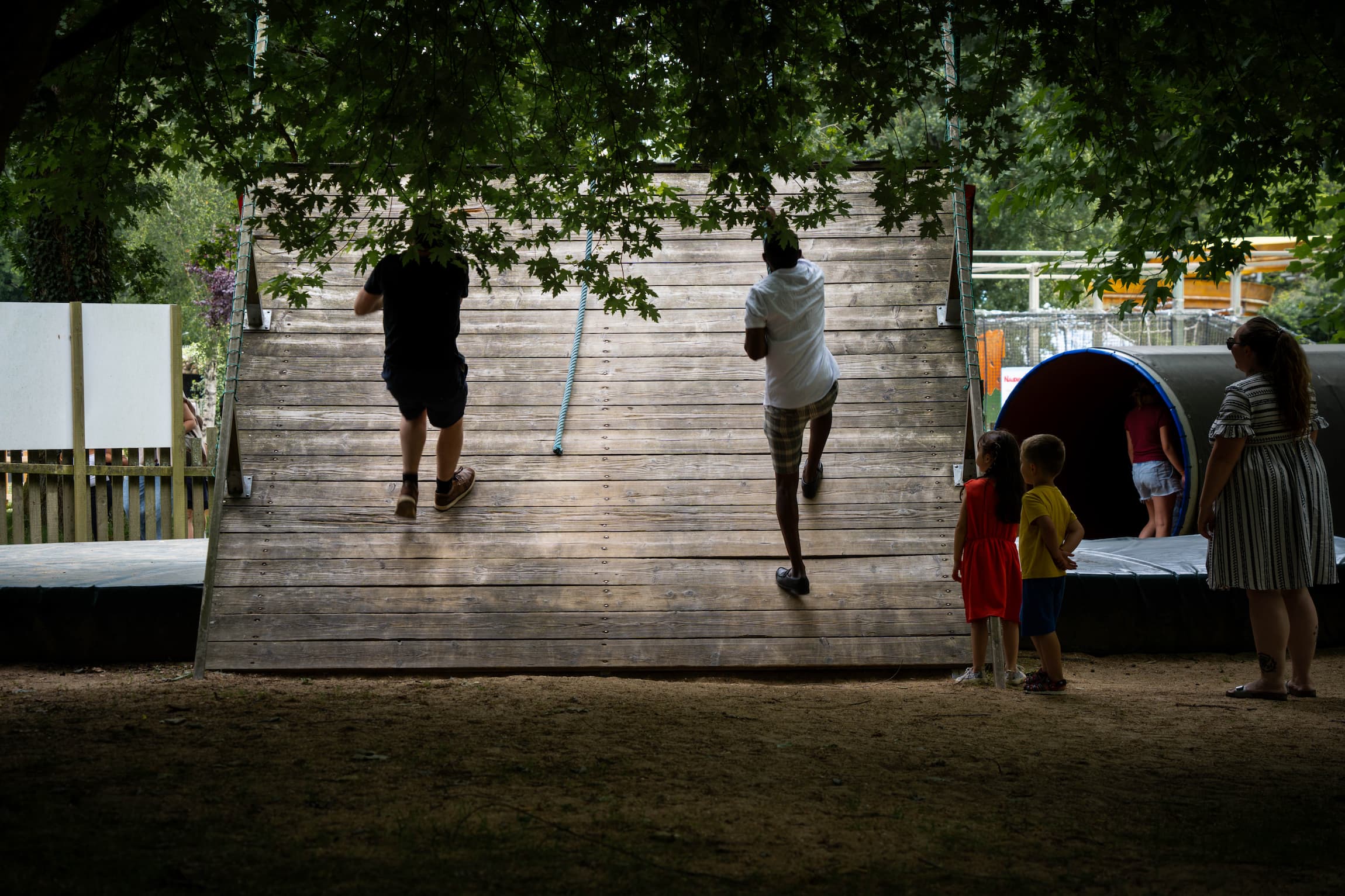 Collaborateurs lors d'une animation de cohésion en plein air dans un parc arboré